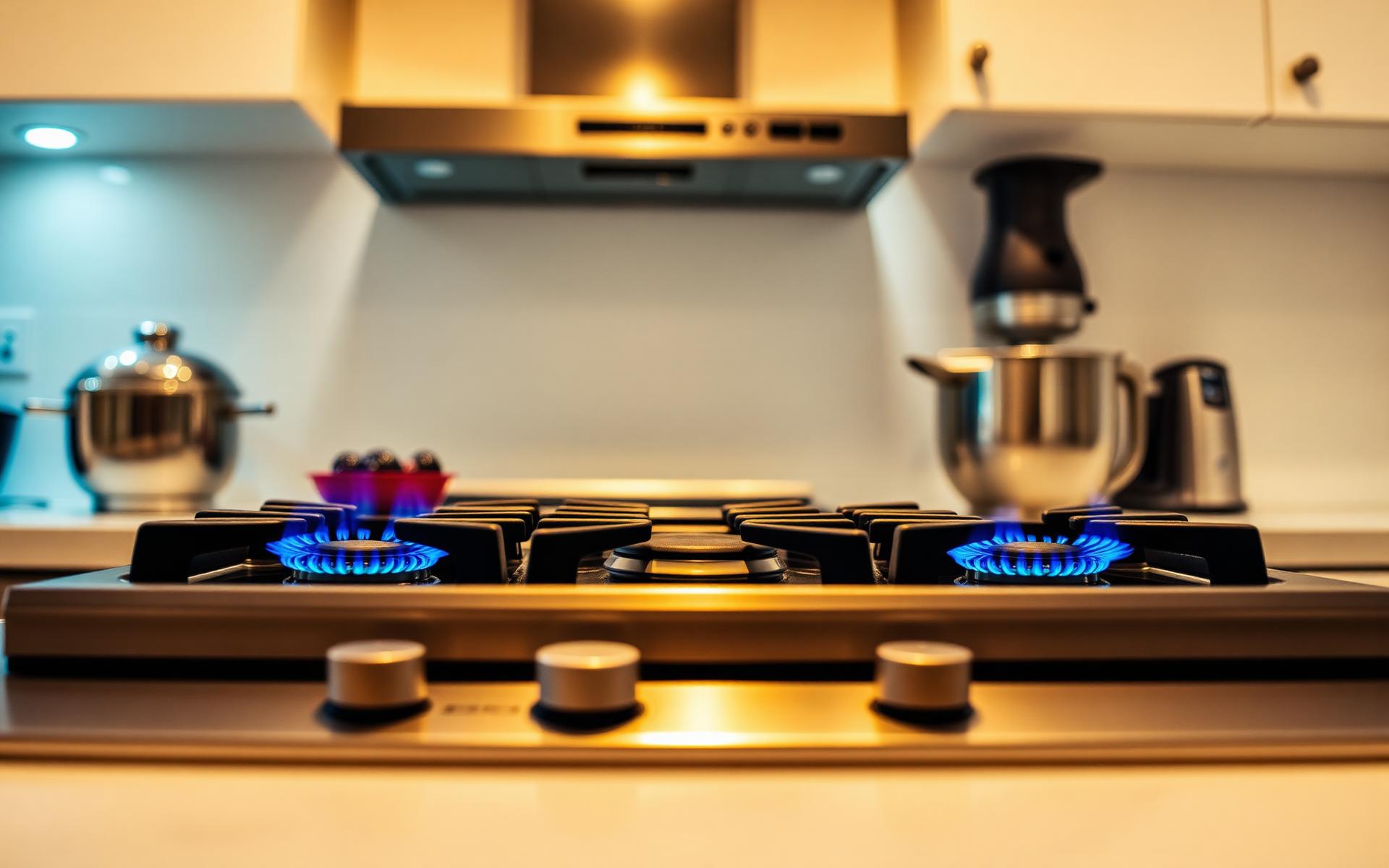 Modern gas stove with blue flames